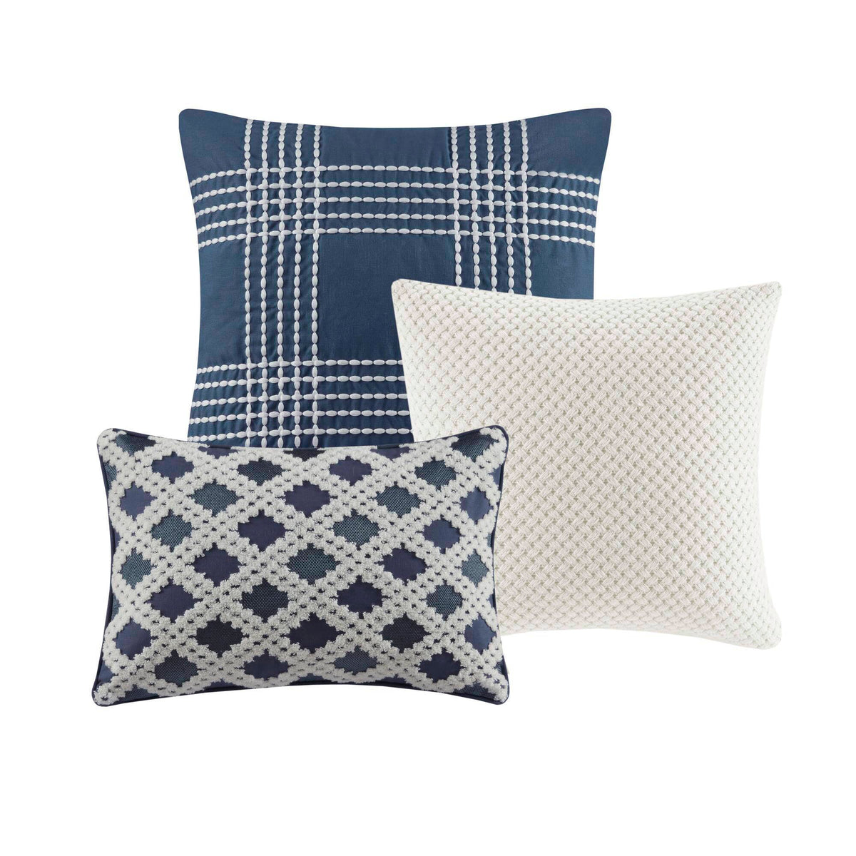 Essence - Oversized Cotton Clipped Jacquard Comforter Set With Euro Shams and Throw Pillows - Blue