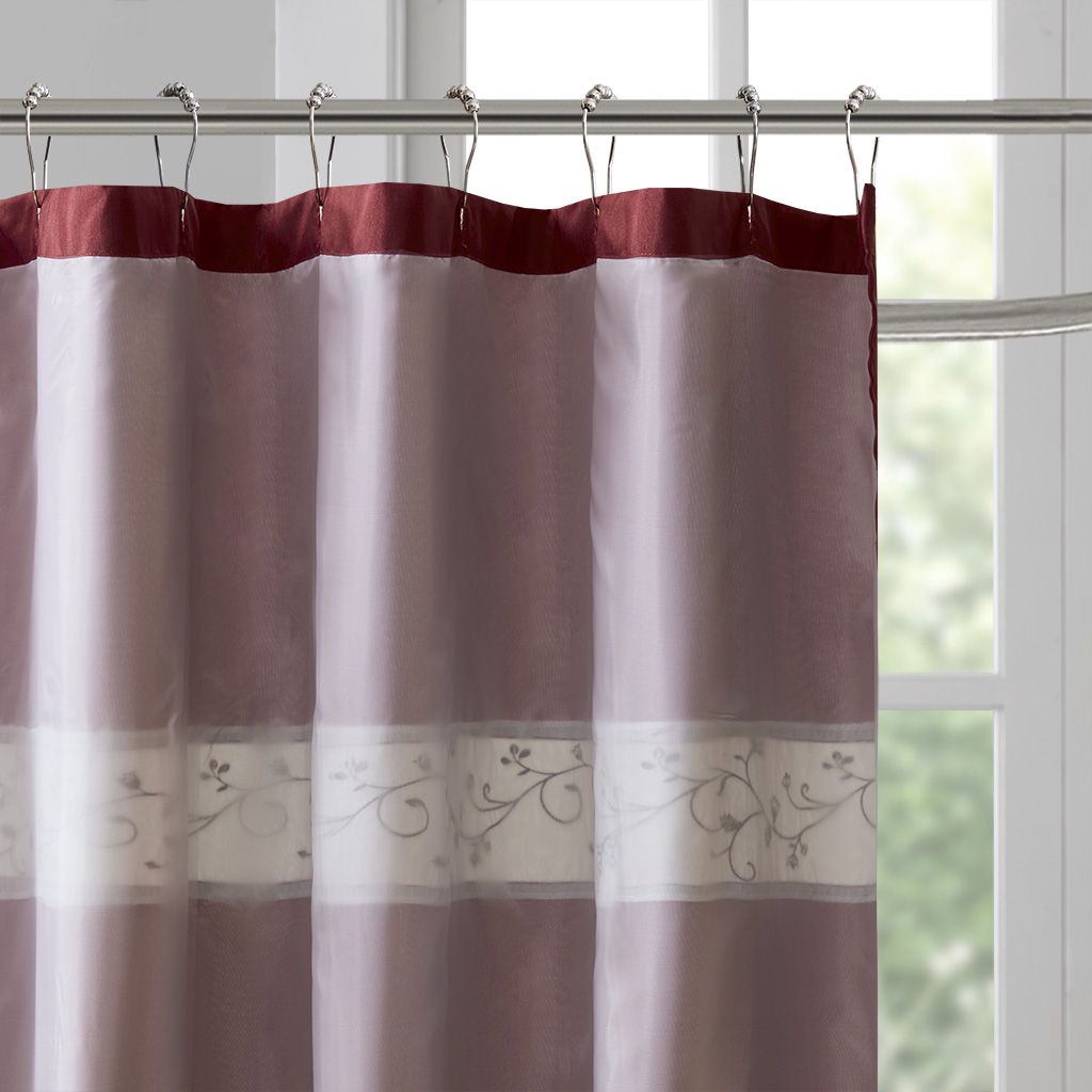Serene - Embroidered Floral Shower Curtain - Red