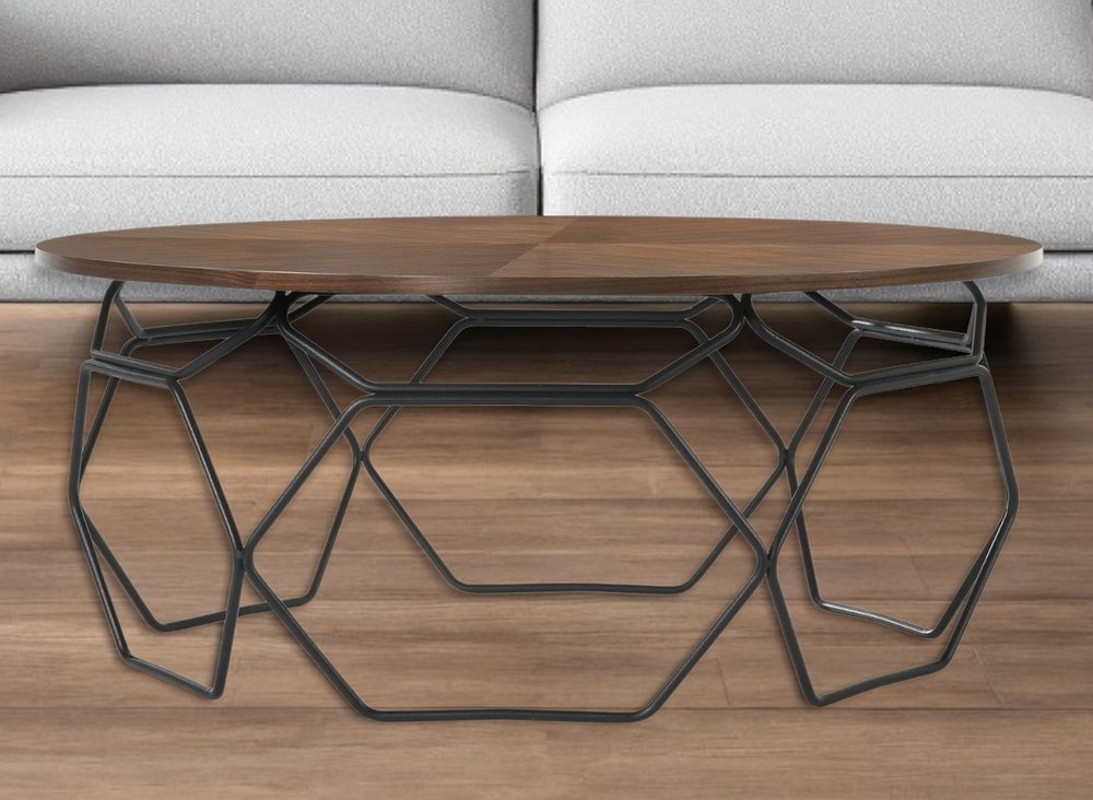 36" Brown And Black Solid Wood And Metal Round Coffee Table
