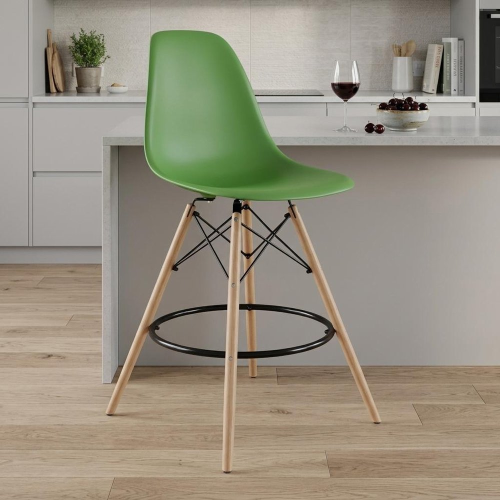 28" Green And Brown Heavy Duty Plastic And Solid Wood Counter Height Bar Chair