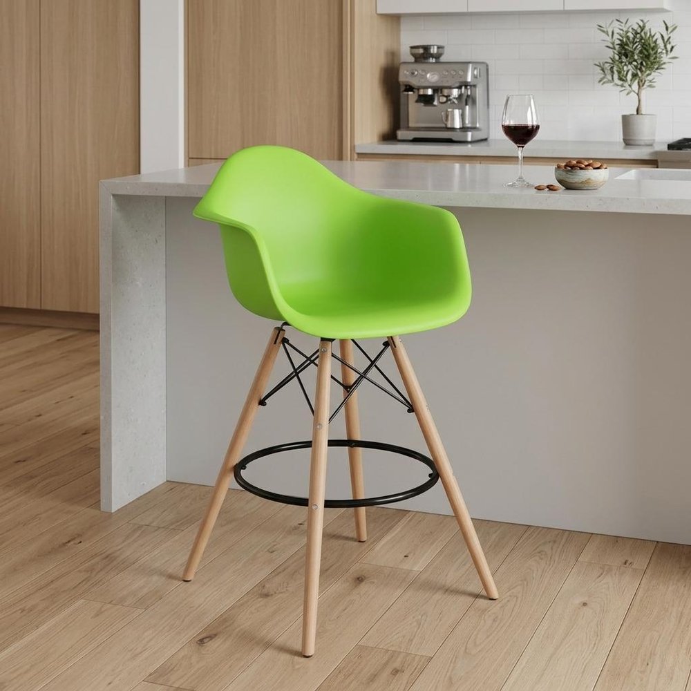 28" Green And Brown Heavy Duty Plastic And Solid Wood Low Back Counter Height Bar Chair