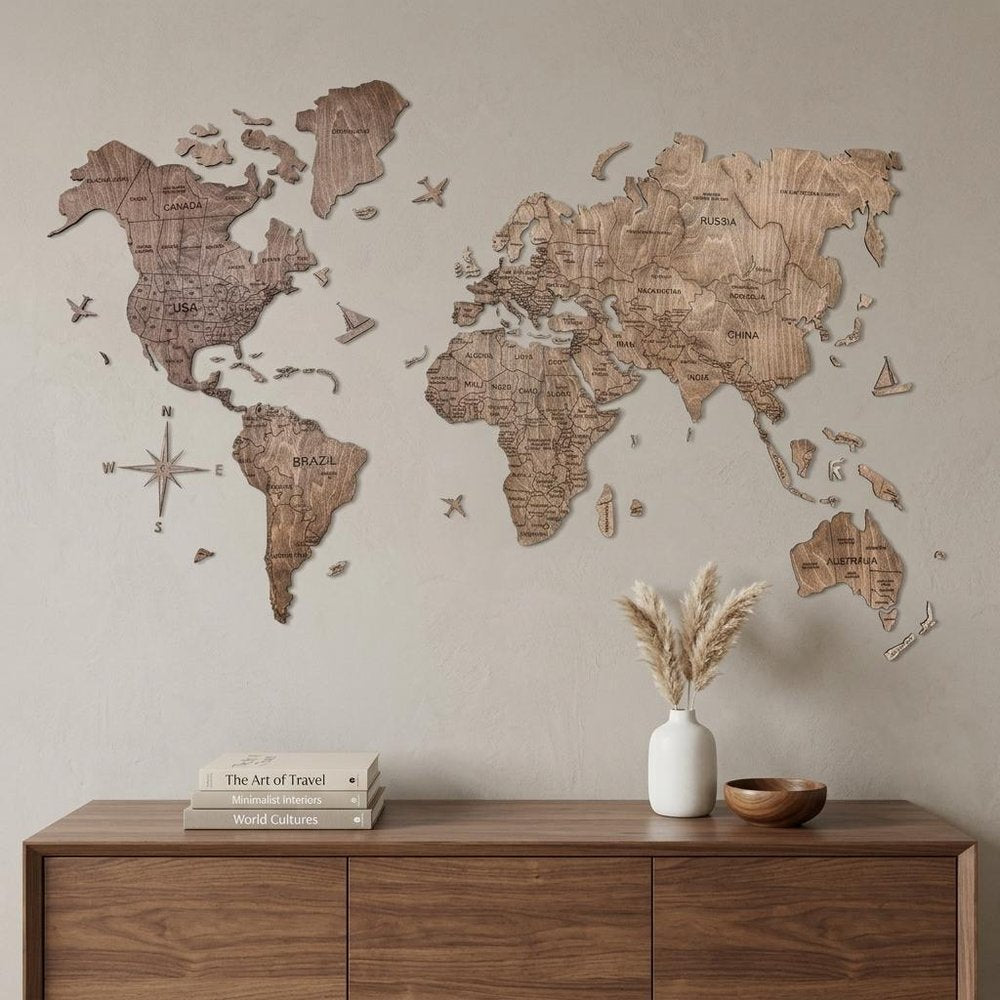 24" X 39" Brown Wood World Map Hanging Dimensional Sculpture