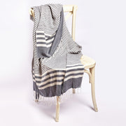 59" X 71" Blue and White Cotton Plain Weave Striped Throw Blanket with Tassels