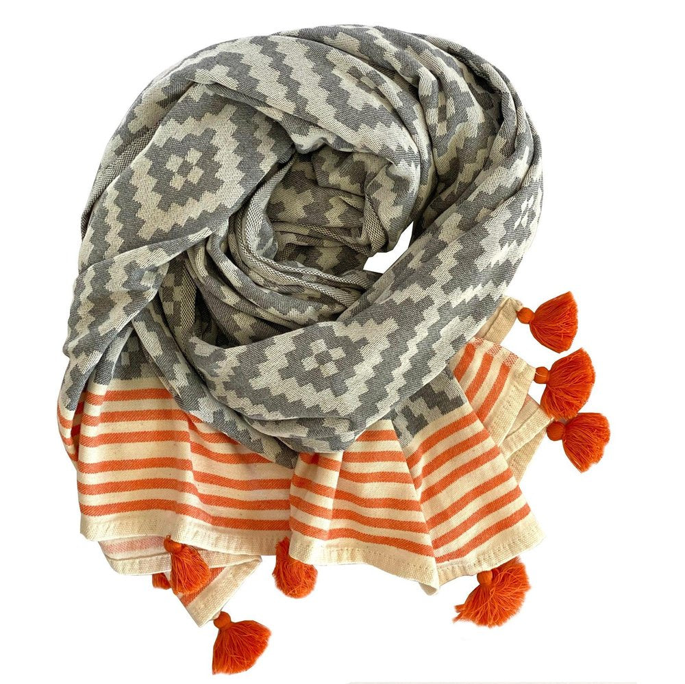 39" X 71" Gray and Orange Cotton Geometric Turkish Towel Throw Blanket with Tassels