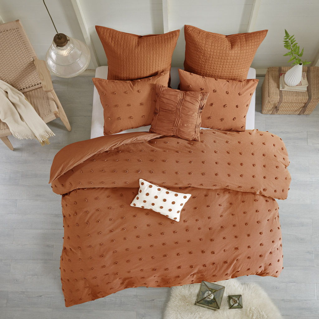 Brooklyn - Cotton Jacquard Queen Duvet Cover Set With Euro Shams and Throw Pillows - Rust