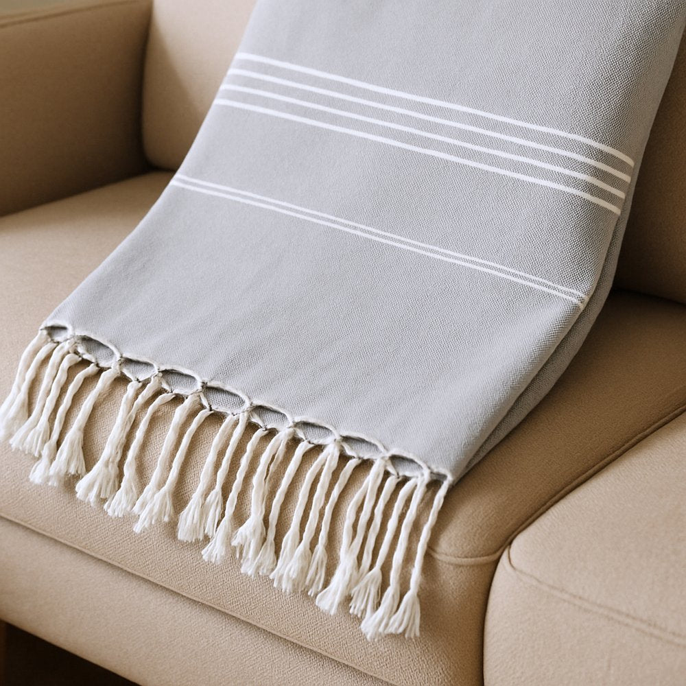 39" X 71" Gray Cotton Knitted Striped Turkish Towel Throw Blanket with Fringe