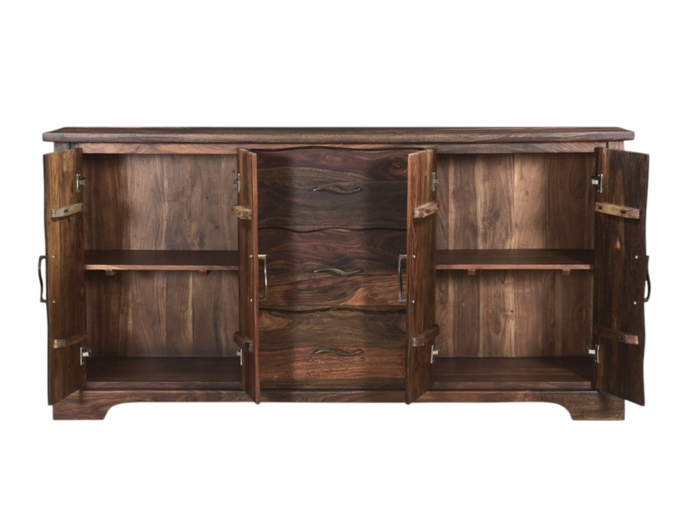 72" Dark Brown Solid Wood Live Edge Three Drawer Sideboard With Four Doors