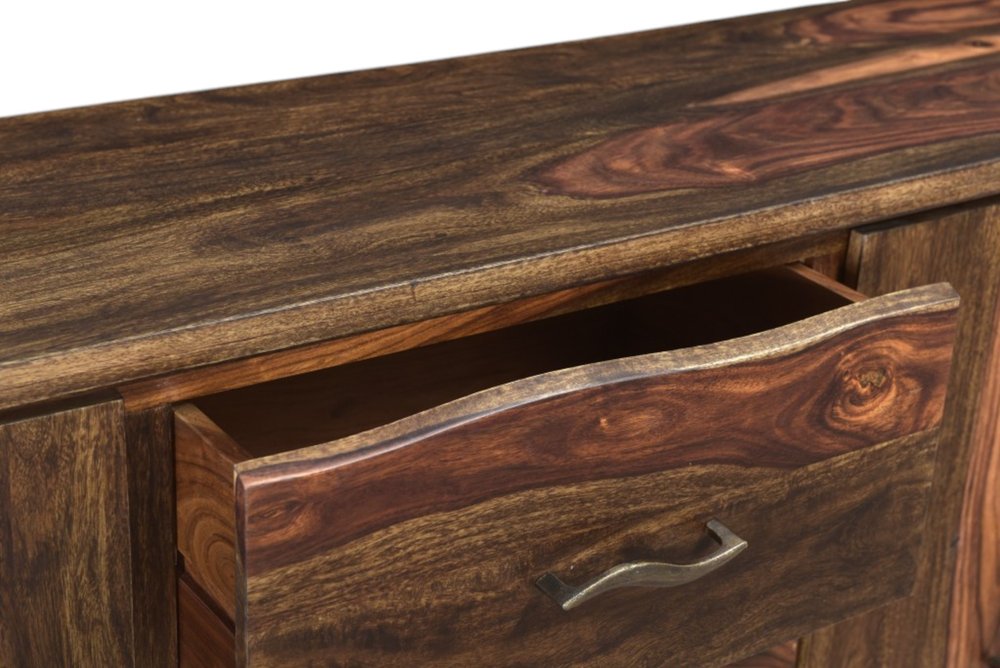 72" Dark Brown Solid Wood Live Edge Three Drawer Sideboard With Four Doors