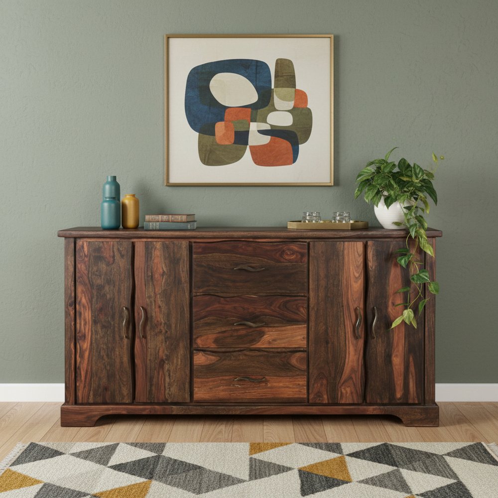 72" Dark Brown Solid Wood Live Edge Three Drawer Sideboard With Four Doors