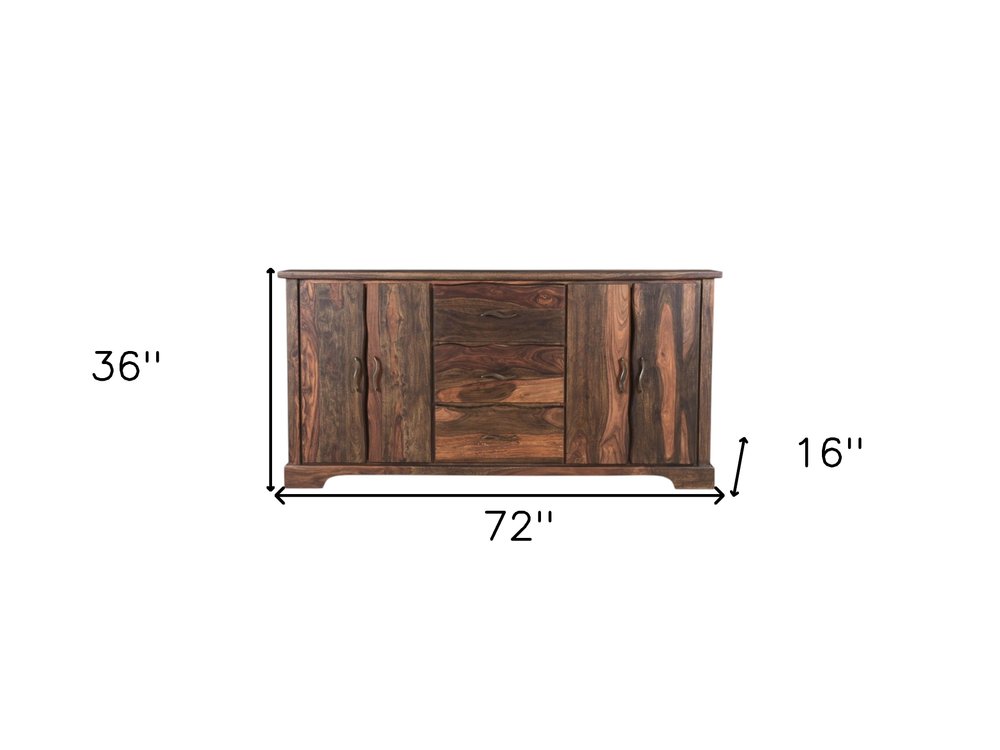 72" Dark Brown Solid Wood Live Edge Three Drawer Sideboard With Four Doors