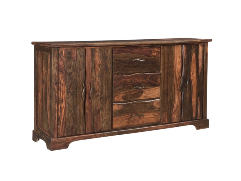 72" Dark Brown Solid Wood Live Edge Three Drawer Sideboard With Four Doors