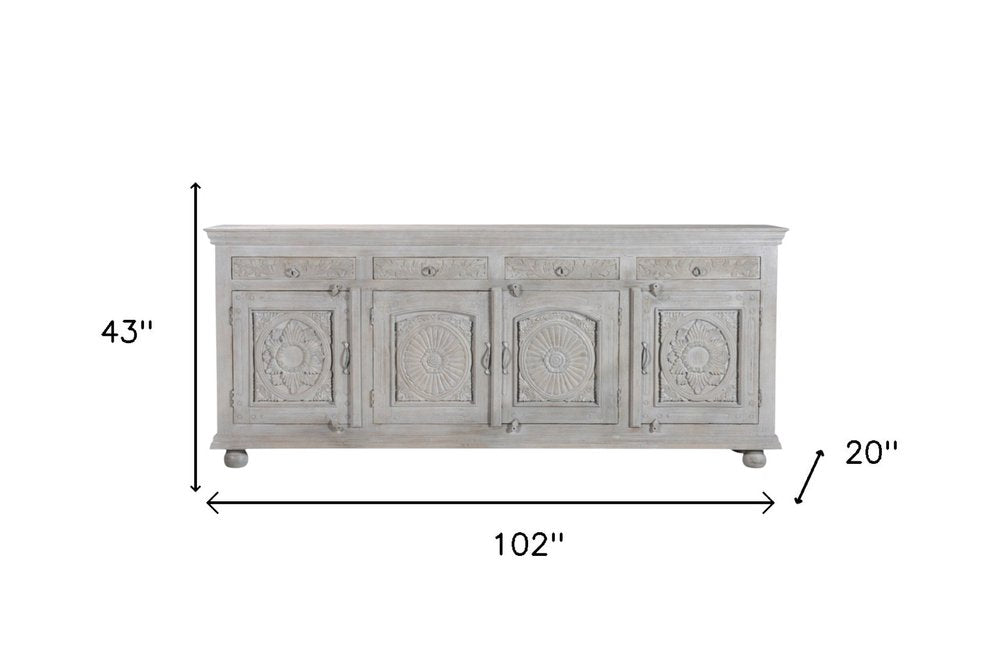 102" Gray Distressed Solid Wood Carved Floral Four Drawer Sideboard With Four Doors