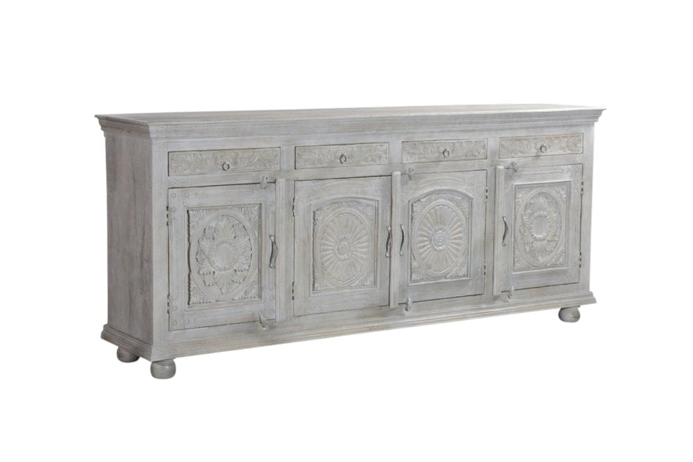102" Gray Distressed Solid Wood Carved Floral Four Drawer Sideboard With Four Doors