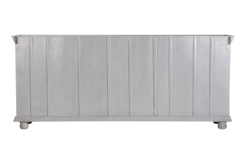 102" Gray Distressed Solid Wood Carved Floral Four Drawer Sideboard With Four Doors