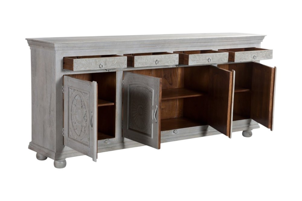 102" Gray Distressed Solid Wood Carved Floral Four Drawer Sideboard With Four Doors