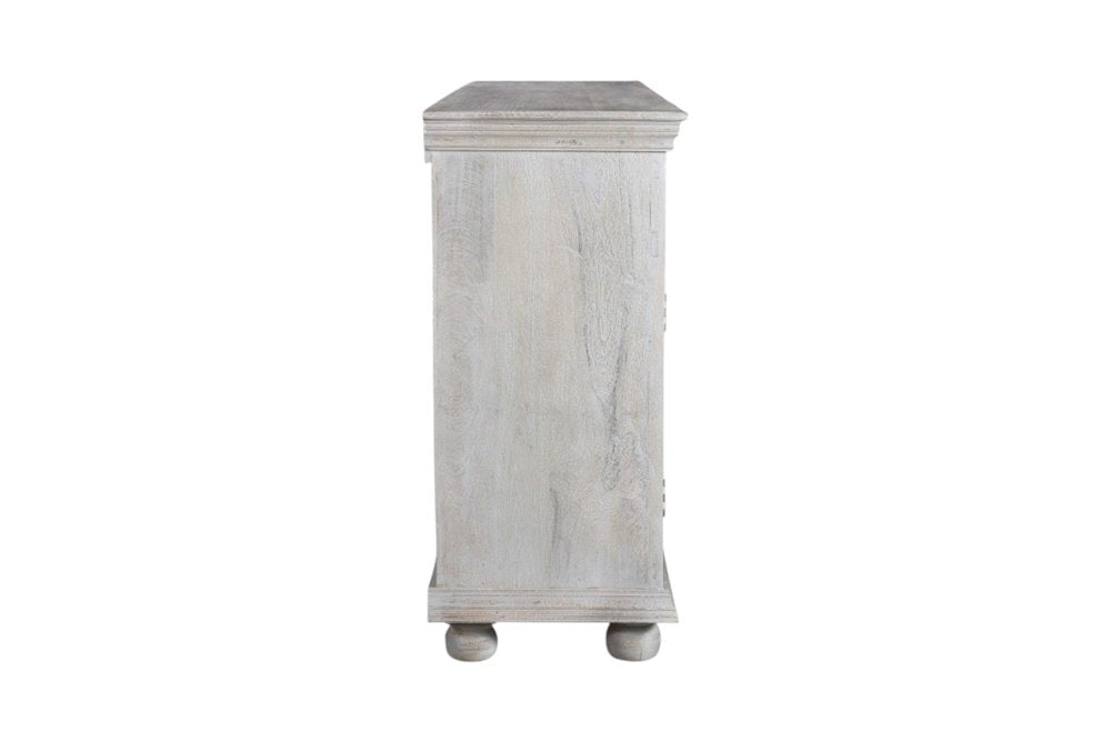 102" Gray Distressed Solid Wood Carved Floral Four Drawer Sideboard With Four Doors