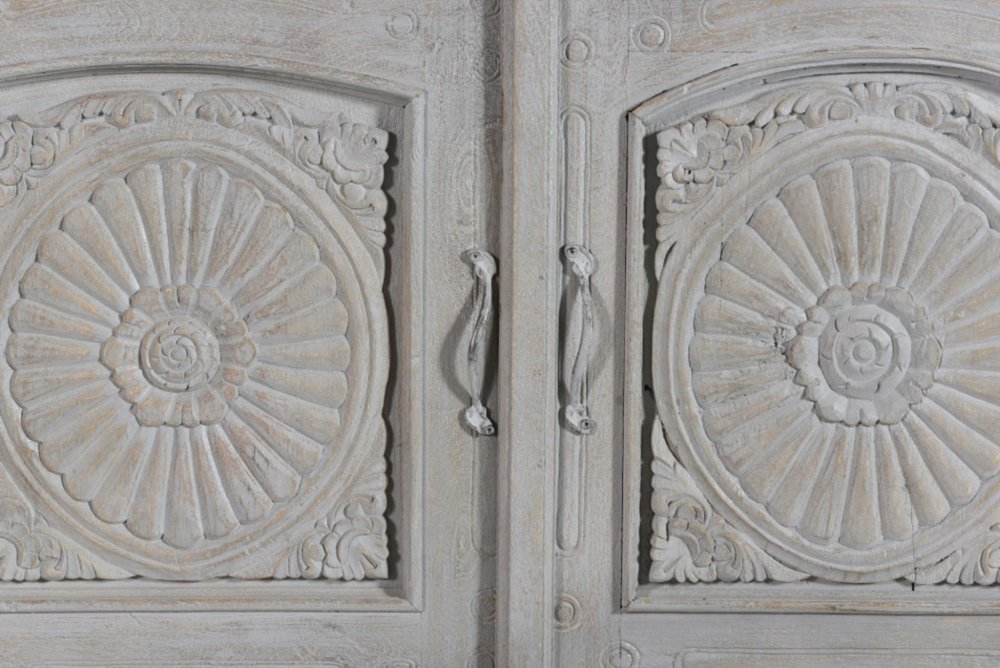 102" Gray Distressed Solid Wood Carved Floral Four Drawer Sideboard With Four Doors