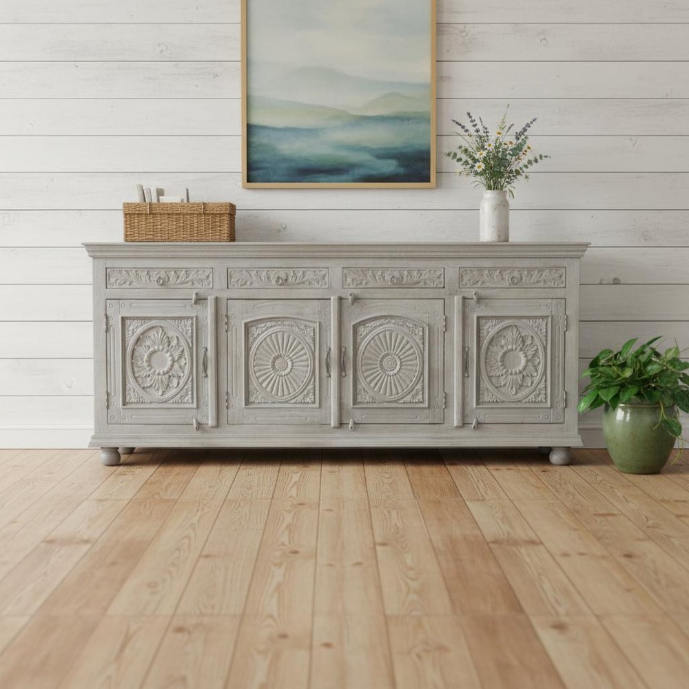 102" Gray Distressed Solid Wood Carved Floral Four Drawer Sideboard With Four Doors
