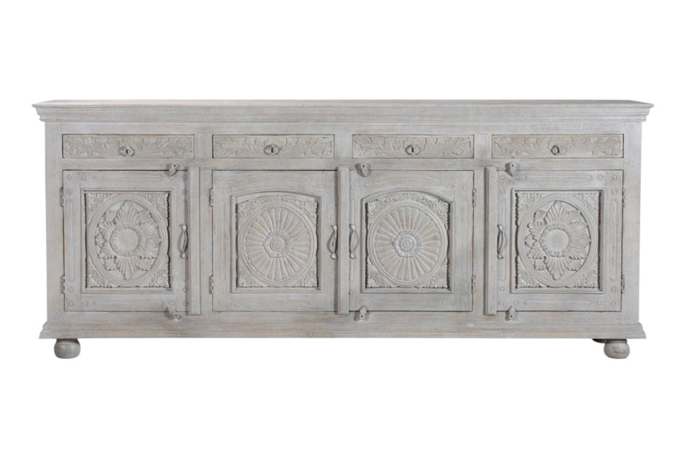 102" Gray Distressed Solid Wood Carved Floral Four Drawer Sideboard With Four Doors