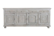102" Gray Distressed Solid Wood Carved Floral Four Drawer Sideboard With Four Doors