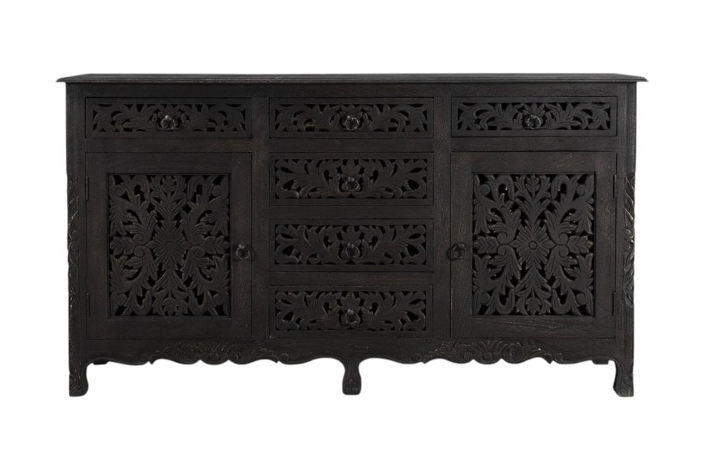 66" Black Distressed Solid Wood Carved Floral Six Drawer Sideboard With Two Doors