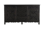 66" Black Distressed Solid Wood Carved Floral Six Drawer Sideboard With Two Doors