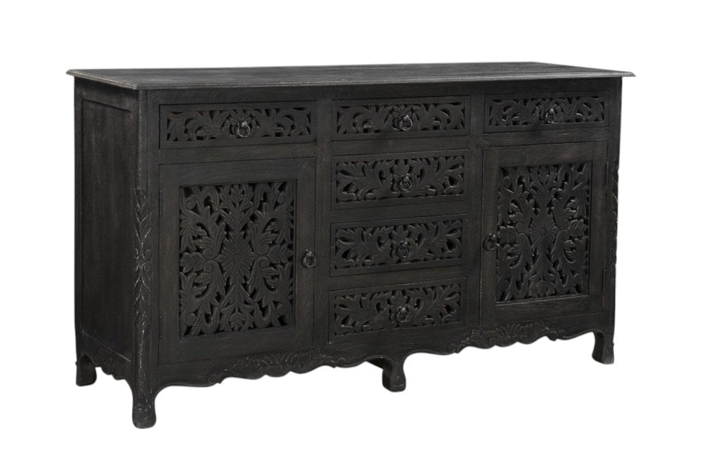 66" Black Distressed Solid Wood Carved Floral Six Drawer Sideboard With Two Doors