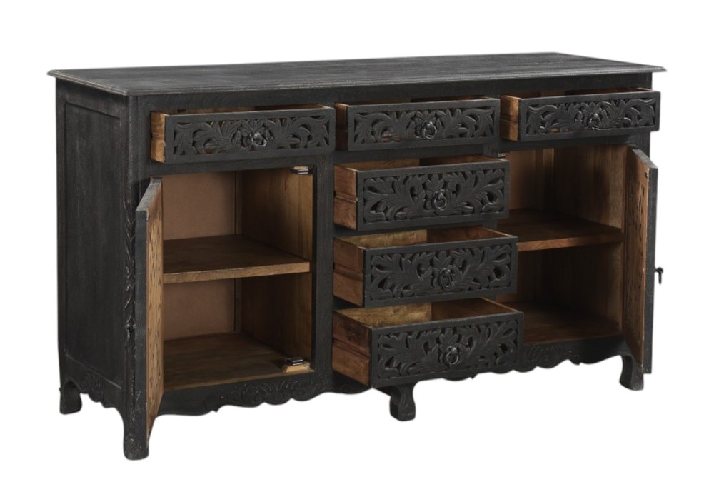 66" Black Distressed Solid Wood Carved Floral Six Drawer Sideboard With Two Doors
