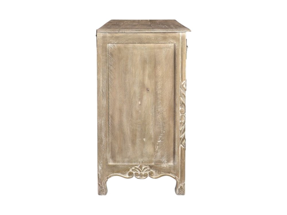 66" Gray Distressed Solid Wood Carved Floral Six Drawer Sideboard with Two Doors