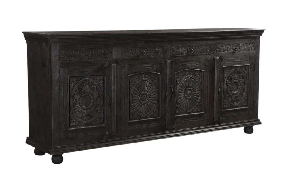 102" Black Distressed Solid Wood Carved Floral Four Drawer Sideboard With Four Doors