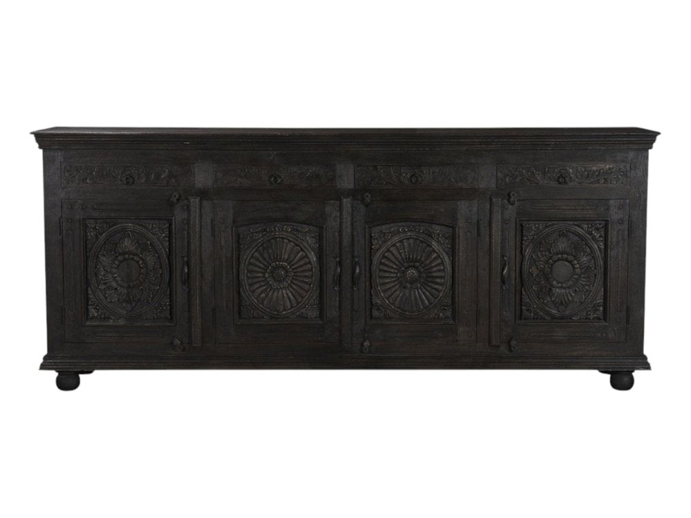 102" Black Distressed Solid Wood Carved Floral Four Drawer Sideboard With Four Doors