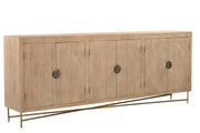 95" Natural And Antiqued Gold Solid Wood Carved Geometric Sideboard with Six Doors