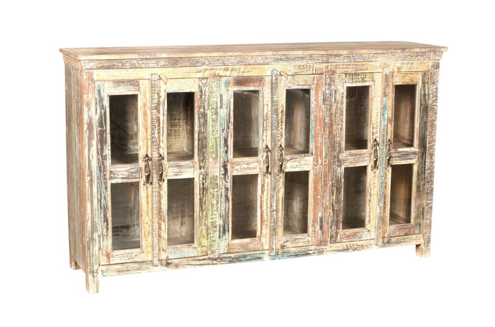 71" White Distressed Solid Wood Sideboard with Six Glass Doors