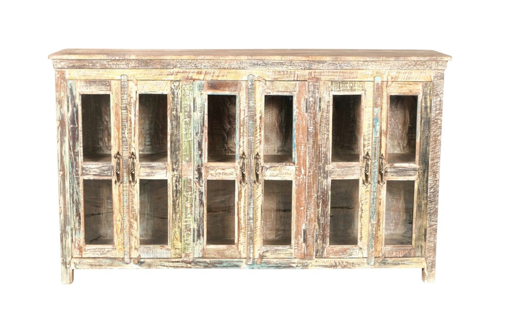 71" White Distressed Solid Wood Sideboard with Six Glass Doors