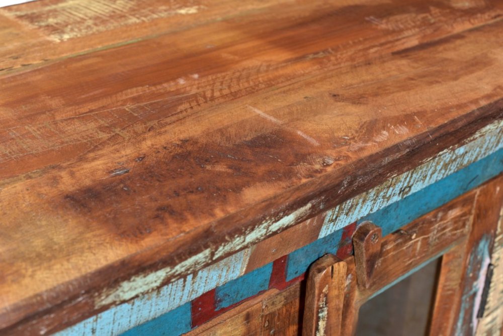 71" Brown Distressed Solid Wood Sideboard with Six Glass Doors