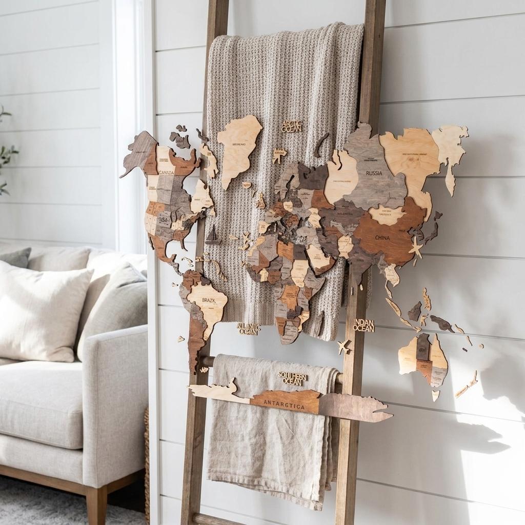35" X 59" Brown and Beige Wood World Map Hanging Dimensional Sculpture