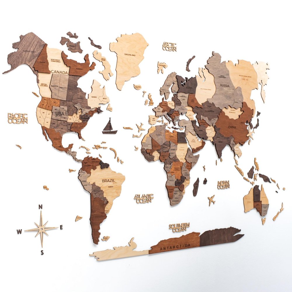 35" X 59" Brown and Beige Wood World Map Hanging Dimensional Sculpture