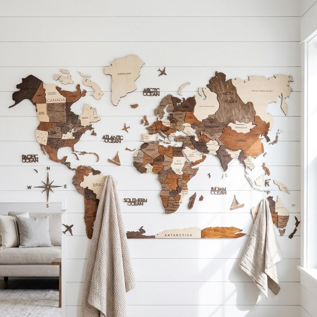 47" X 79" Brown and Beige Wood World Map Hanging Dimensional Sculpture