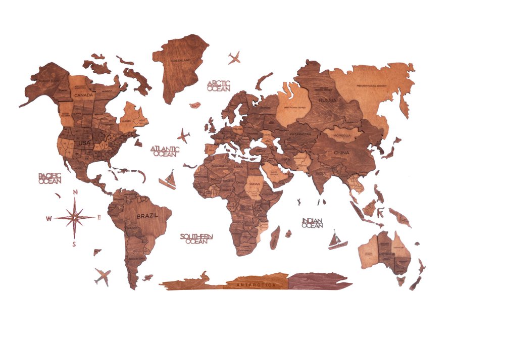 35" X 59" Brown and Tan Wood World Map Hanging Dimensional Sculpture