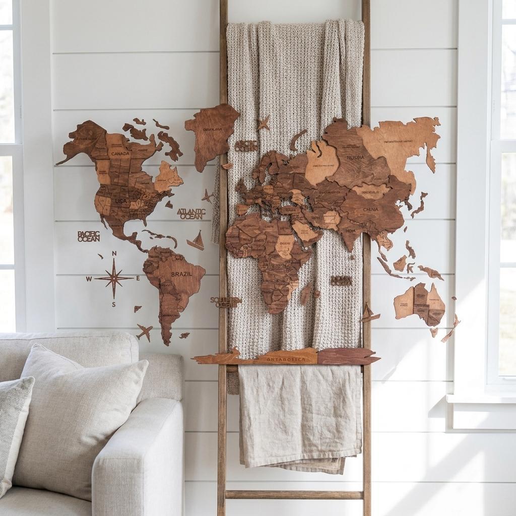 35" X 59" Brown and Tan Wood World Map Hanging Dimensional Sculpture