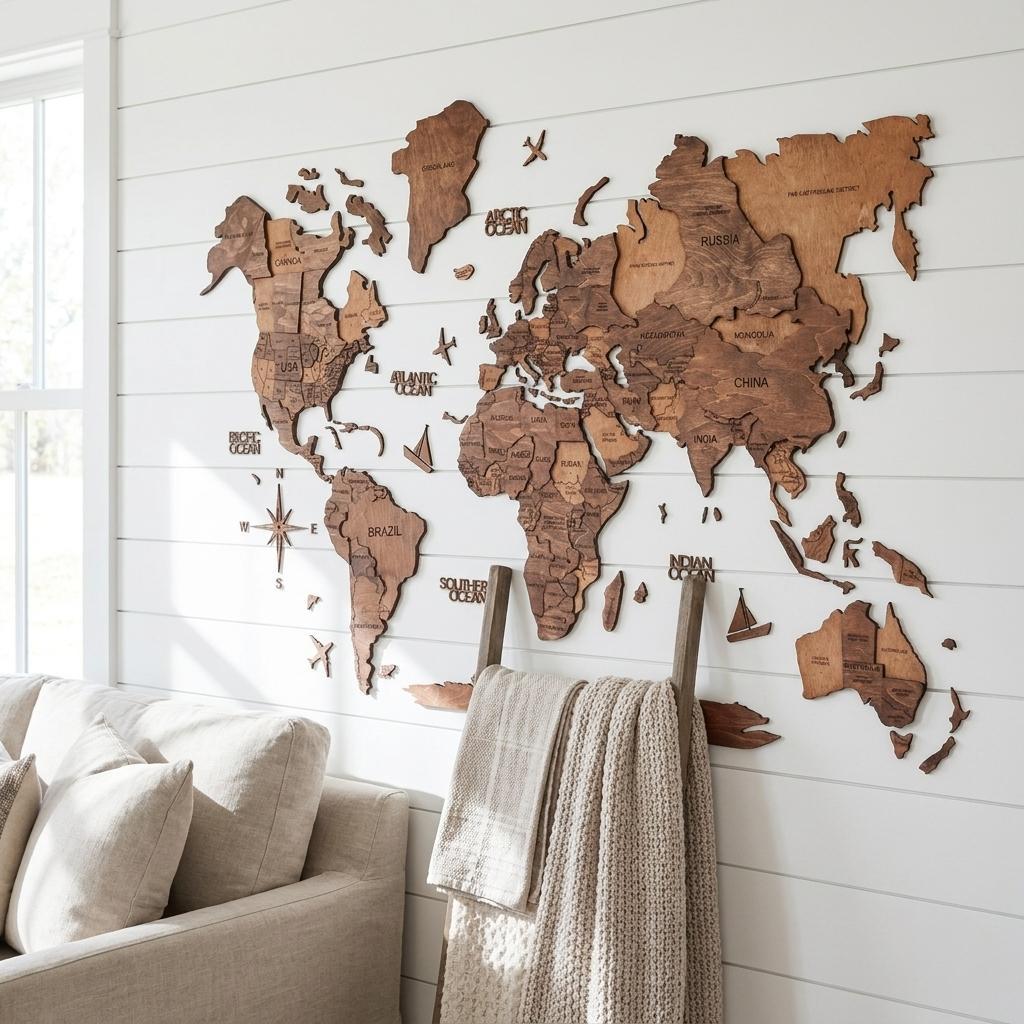 47" X 79" Brown and Tan Wood World Map Hanging Dimensional Sculpture
