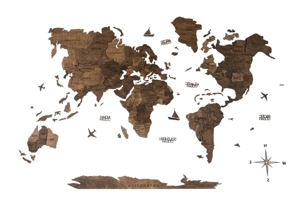 35" X 59" Dark Brown Wood World Map Hanging Dimensional Sculpture