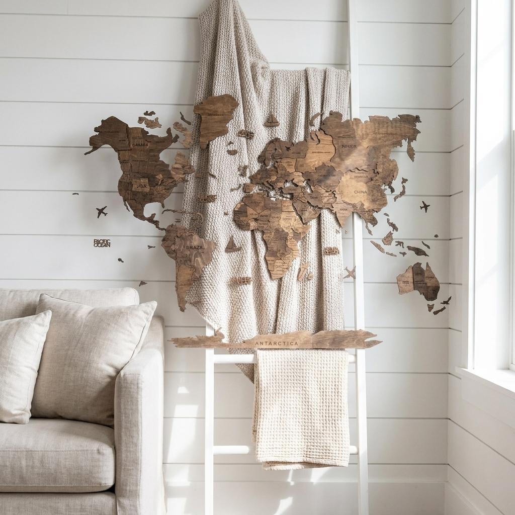 35" X 59" Dark Brown Wood World Map Hanging Dimensional Sculpture