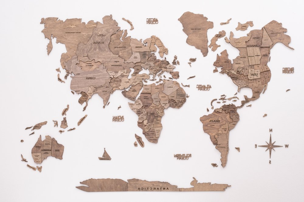47" X 79" Brown World Map Hanging Dimensional Sculpture