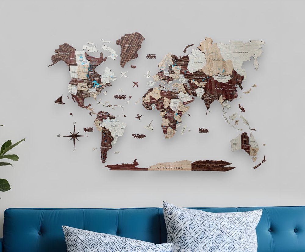 35" X 59" Beige And Brown World Map Hanging Dimensional Sculpture