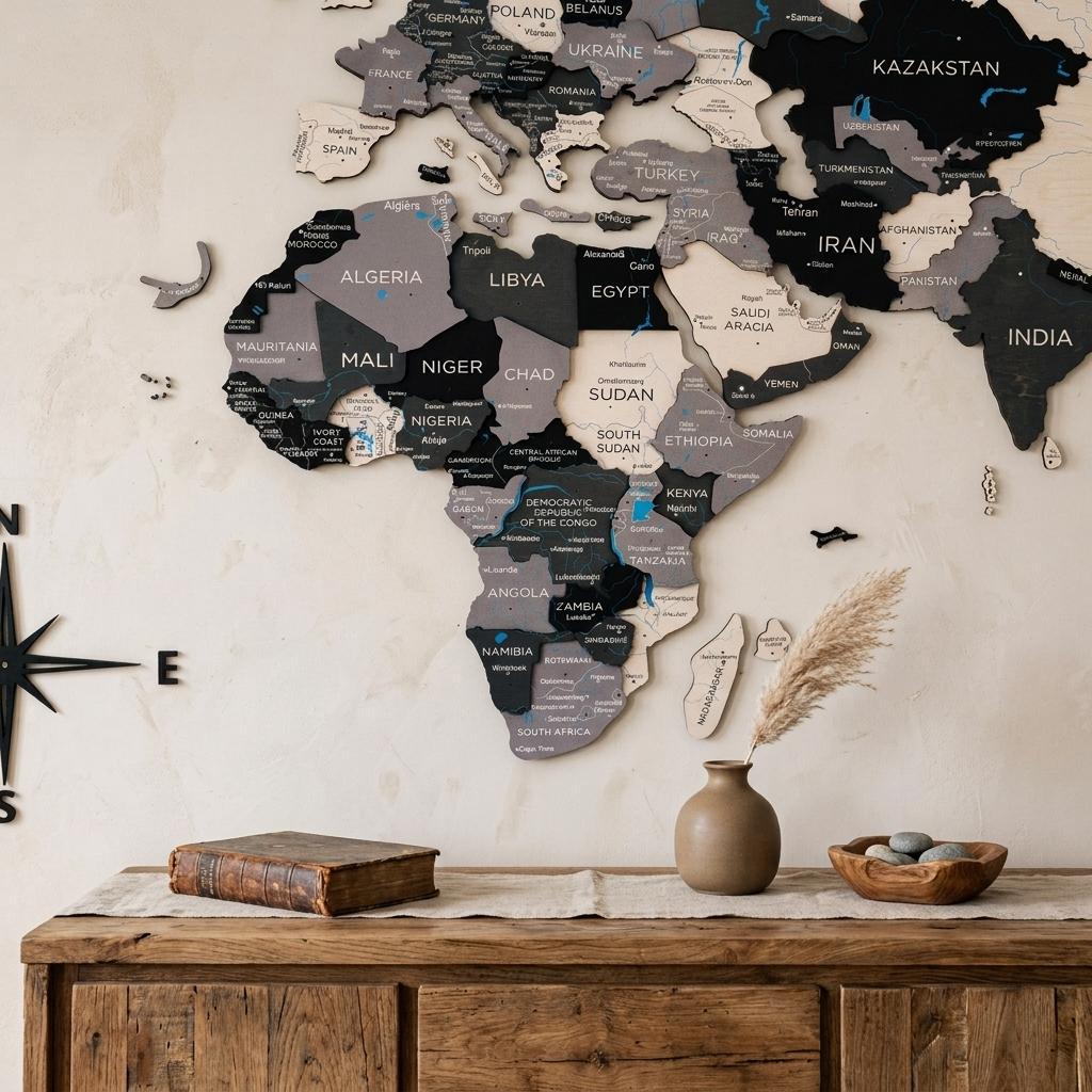 24" X 39" Black Gray and White Wood World Map Hanging Dimensional Sculpture