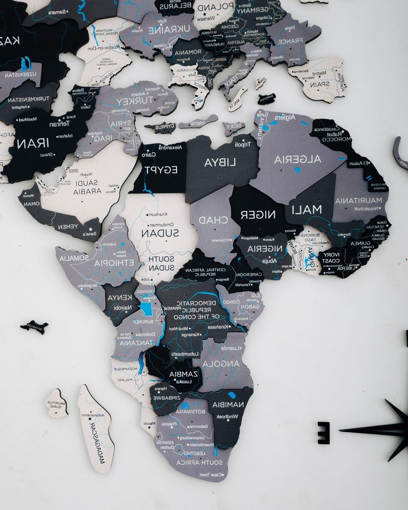 35" X 59" Black Gray And White World Map Wood Hanging Dimensional Sculpture