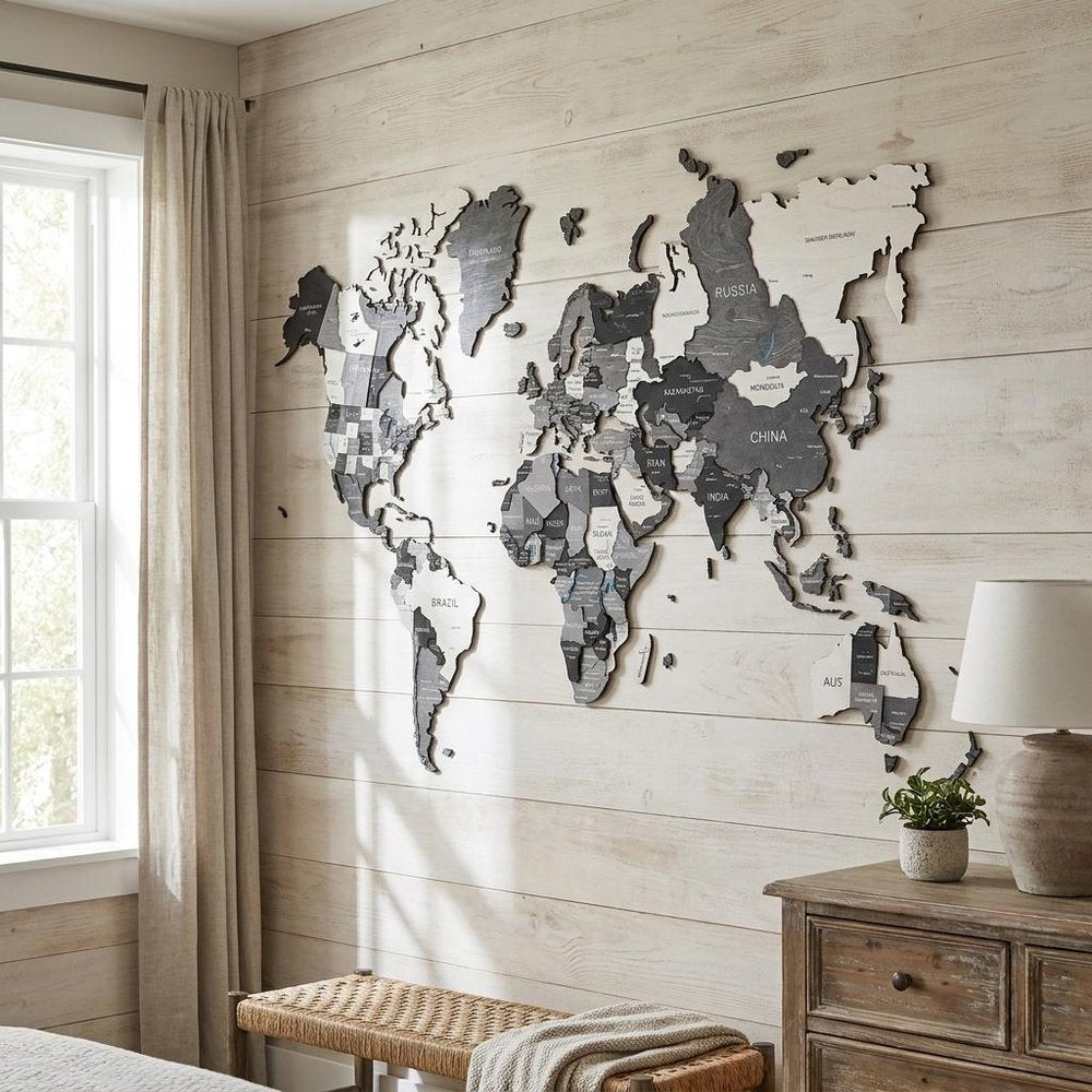 35" X 59" Black Gray And White World Map Wood Hanging Dimensional Sculpture