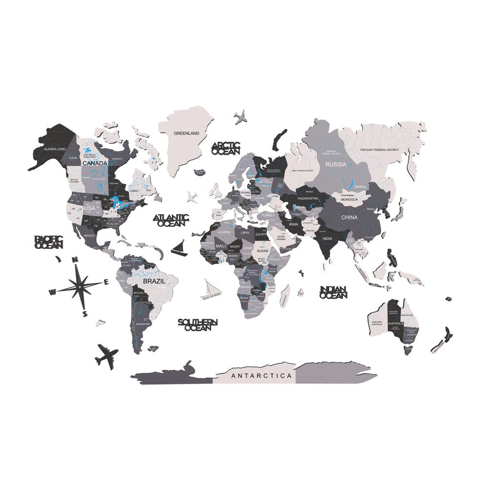 35" X 59" Black Gray And White World Map Wood Hanging Dimensional Sculpture