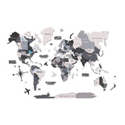 47" X 79" Black Gray And White World Map Wood Hanging Dimensional Sculpture